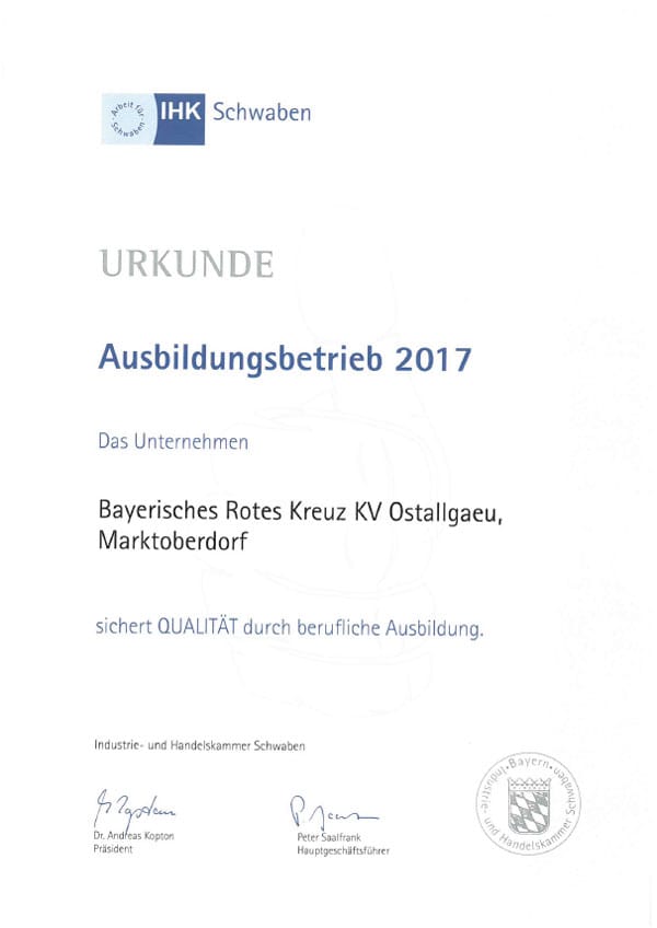 Urkunde "Ausbildungsbetrieb 2017"